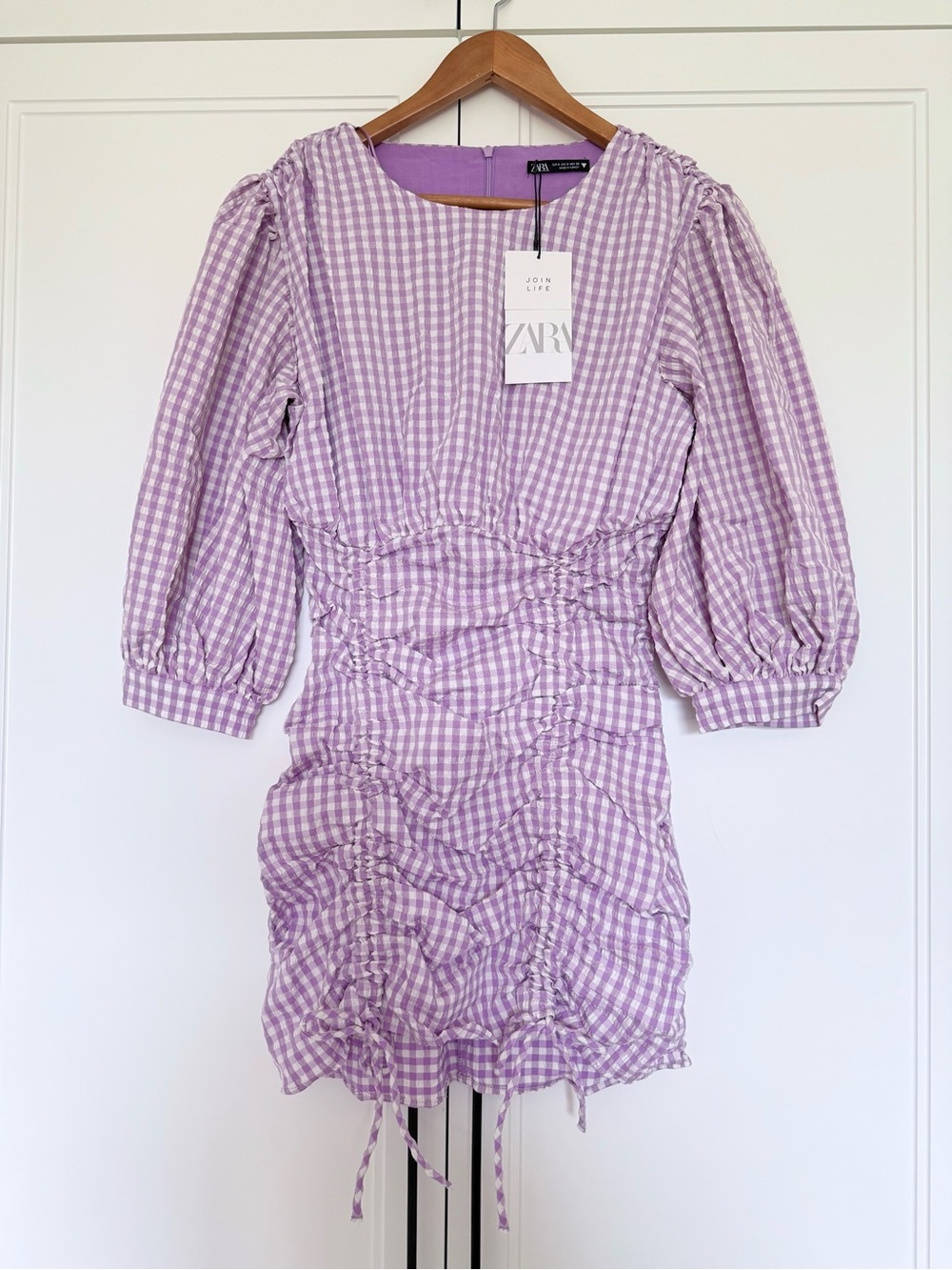 Zara Purple Gingham Ruched Mini Dress NWT Size S